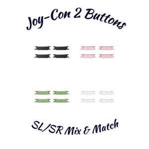 Könnte beinhalten: Ein Bild mit Sets von Joy-Con 2 Buttons und SL/SR Mix & Match-Tasten in Schwarz, Rosa, Grün und Weiß. Der Text "Joy-Con 2 Buttons" und "SL/SR Mix & Match" wird in einer stilisierten Schriftart angezeigt.