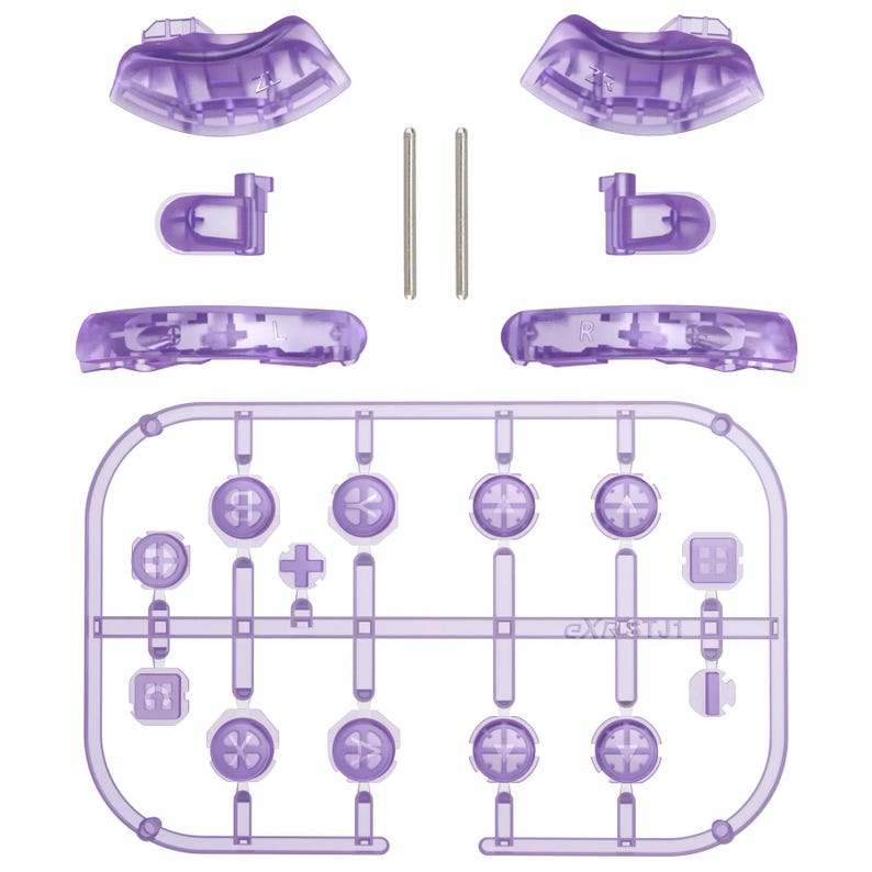 May include: A disassembled purple game controller kit. The kit includes various components such as buttons, directional pads, and triggers. Two silver metal rods are also included. The parts are arranged on a white background.