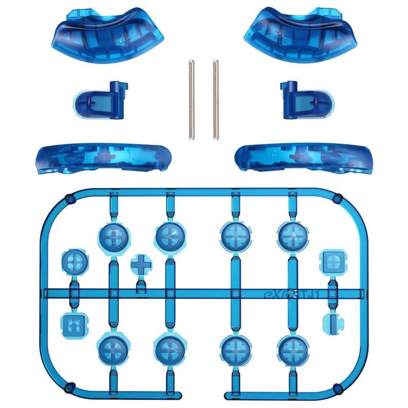 May include: A collection of transparent blue gaming controller parts, including buttons, directional pads, and shoulder buttons. The components are arranged on a blue plastic frame, with two silver metal pins. The image is a top-down view.