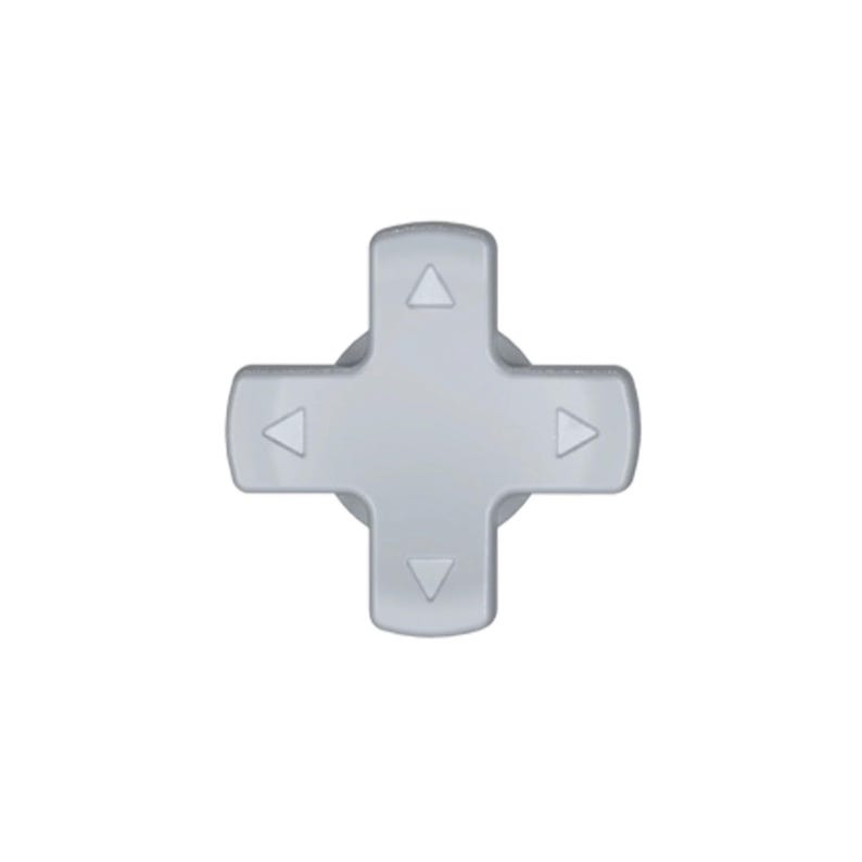 May include: A light gray directional pad, a cross-shaped button with four directional arrows. The button is slightly rounded and has a matte finish, commonly found on video game controllers.