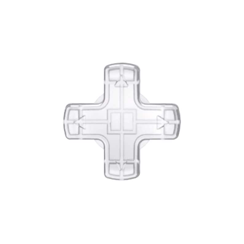 May include: A transparent, cross-shaped plastic component with directional arrows. The design features a central square and four rounded arms, each with an arrow pointing outwards. The object is set against a plain white background.