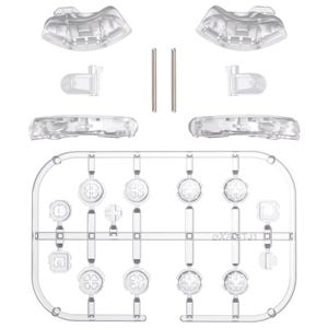 May include: A clear plastic game controller repair kit. The kit includes various buttons, triggers, and other components, along with two silver metal pins. The components are arranged on a clear plastic frame.