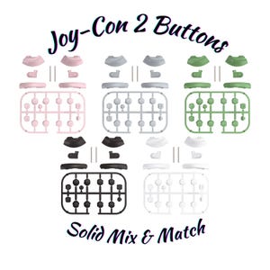 Könnte beinhalten: Ein Bild mit Joy-Con 2 Buttons in Rosa, Grau, Grün, Schwarz und Weiß. Jedes Set enthält Knöpfe und andere Komponenten. Der Text lautet "Joy-Con 2 Buttons" und "Solid Mix & Match".