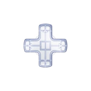 May include: A clear, cross-shaped plastic component with a series of rectangular and triangular cutouts. The design features rounded edges and a central square, suitable for various applications.