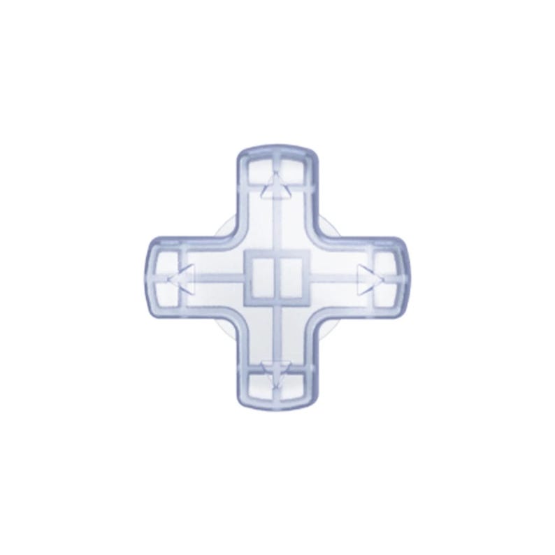 May include: A clear, cross-shaped plastic component with a series of rectangular and triangular cutouts. The design features rounded edges and a central square, suitable for various applications.