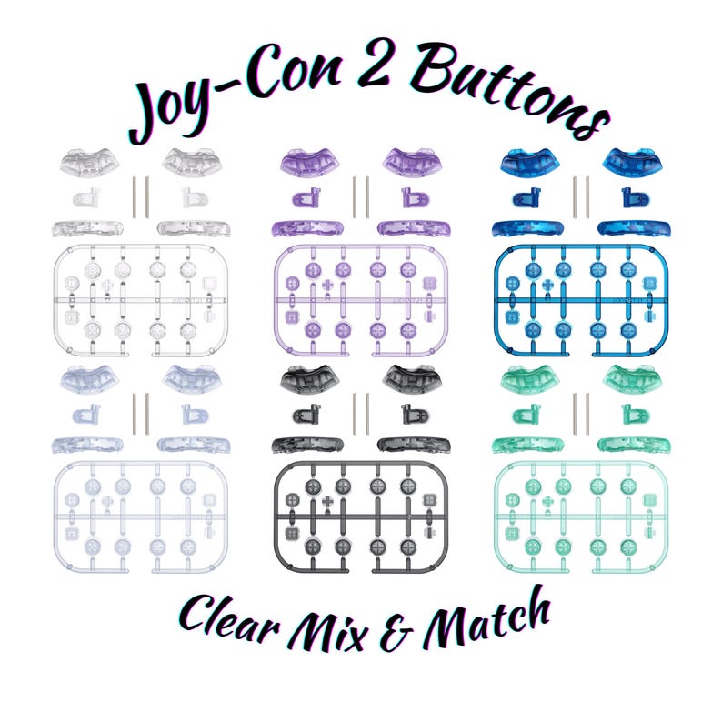 May include: Image of Joy-Con 2 Buttons in clear, purple, blue, black, and teal. The text "Joy-Con 2 Buttons" and "Clear Mix & Match" are displayed. The image shows various button sets for a gaming controller.
