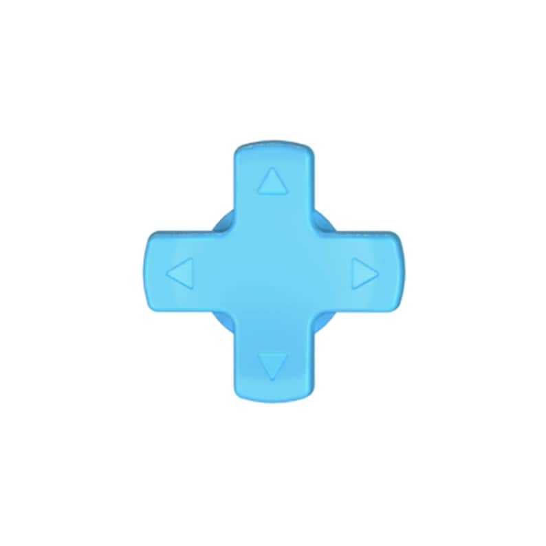 May include: A light blue directional pad, shaped like a cross, with four arrow indicators. The pad is a solid color and appears to be made of plastic. The arrows point up, down, left, and right.