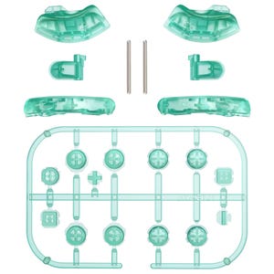 May include: A collection of translucent teal-colored gaming console replacement parts. The components include buttons, directional pads, and other structural elements, along with two silver metal pins. The parts are arranged on a white background.