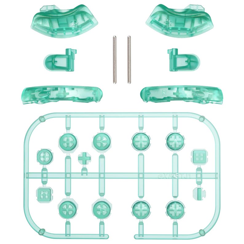 May include: A collection of translucent teal-colored gaming console replacement parts. The components include buttons, directional pads, and other structural elements, along with two silver metal pins. The parts are arranged on a white background.