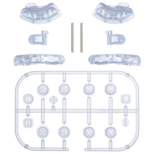 May include: Clear plastic replacement parts for a game controller, including buttons, directional pads, and shoulder buttons. The components are arranged on a white background, with two metal pins.