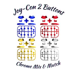 Könnte beinhalten: Bild von Ersatzknöpfen für einen Gamecontroller. Das Bild zeigt verschiedenfarbige Knöpfe, darunter blau, rot, gold und silber, zusammen mit dem Text "Joy-Con 2 Buttons" und "Chrome Mix & Match".