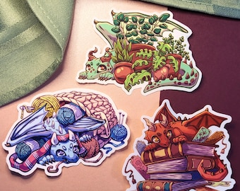 Dragons with Hobbies Vinyl Sticker | reading books, plants, gardening, crochet, knitting