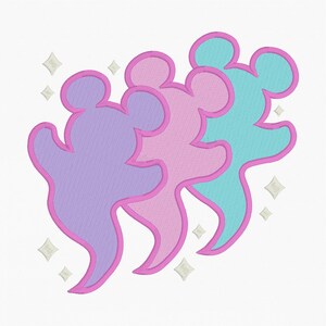 May include: Three stylized mouse silhouettes in purple, pink, and teal, outlined in pink, are arranged in a row. The design includes sparkling star accents on a white background. This design is suitable for embroidery or applique.