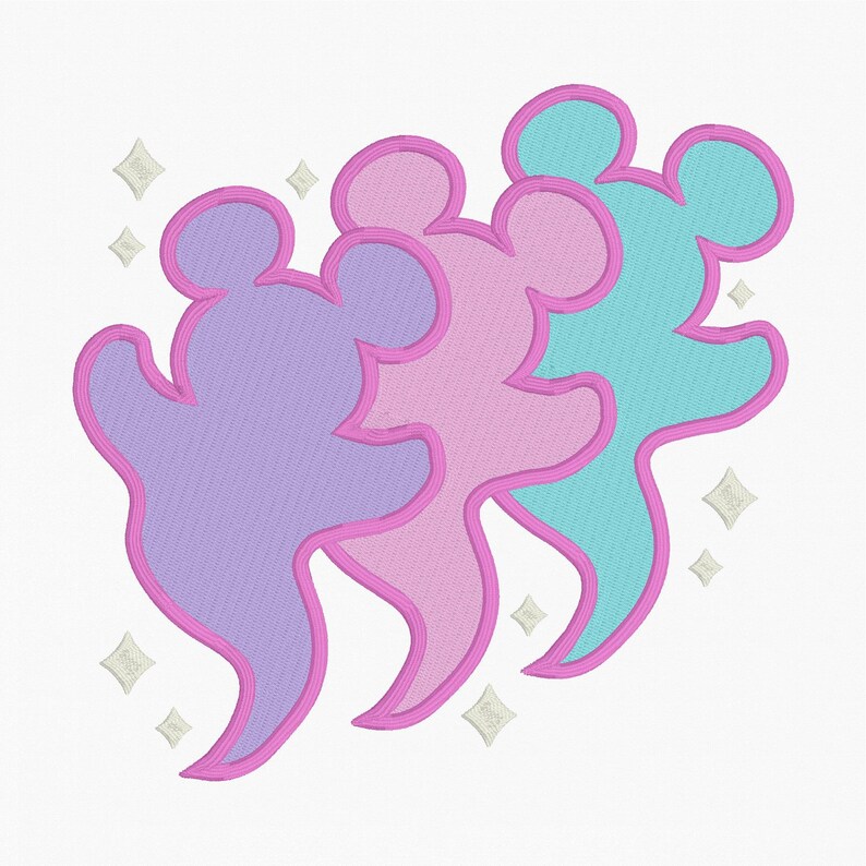May include: Three stylized mouse silhouettes in purple, pink, and teal, outlined in pink, are arranged in a row. The design includes sparkling star accents on a white background. This design is suitable for embroidery or applique.