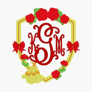 May include: Embroidered monogram design featuring red letters "KGM" inside a yellow shield. The shield is decorated with red roses, green leaves, and red bows. A yellow dress is at the bottom of the shield.
