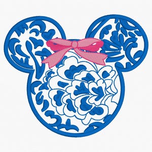 May include: Blue and white floral pattern Mickey Mouse head with a pink bow.