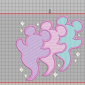May include: An embroidered design featuring three stylized mouse silhouettes in pastel purple, pink, and teal, outlined in pink. Sparkling star accents surround the figures on a grid background. The design is likely for apparel or crafts.