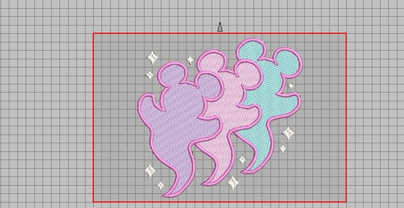 May include: An embroidered design featuring three stylized mouse silhouettes in pastel purple, pink, and teal, outlined in pink. Sparkling star accents surround the figures on a grid background. The design is likely for apparel or crafts.