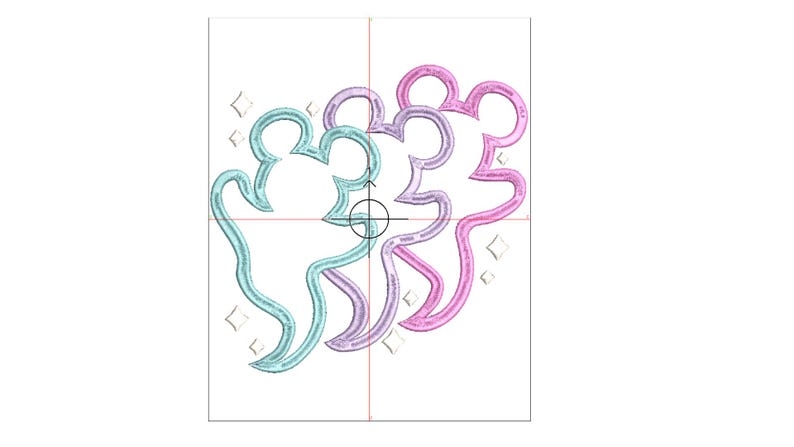 Puede incluir: Un dise&ntilde;o de bordado que presenta tres figuras superpuestas con forma de fantasma en azul claro, morado y rosa. Cada fantasma tiene una cabeza redondeada y un cuerpo ondulado. Peque&ntilde;as estrellas de cuatro puntas se dispersan alrededor.