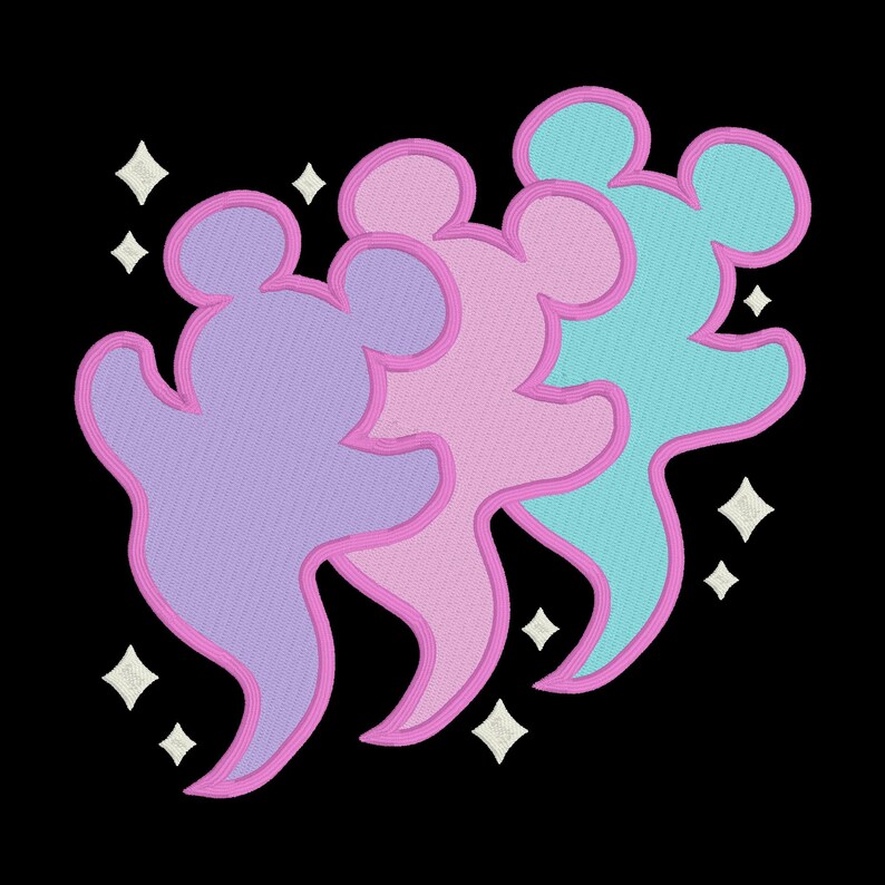May include: Three stylized mouse-shaped figures in pastel colors: lavender, pink, and turquoise, outlined in pink. White diamond-shaped sparkles surround the figures against a black background. The design has an embroidered appearance.