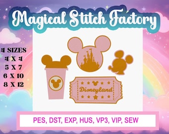 Disney embroidery, Disneyland ticket embroidery, disneyworld embroidery, disneyworld drink embroidery, disney mickey embroidery