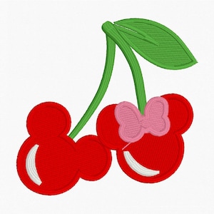 May include: Red cherries with green stalks and leaves. One cherry has a pink bow on top.