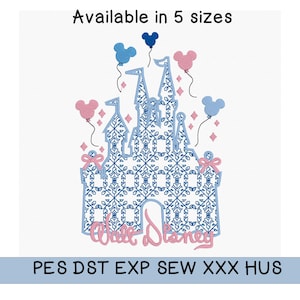 May include: An embroidered design of a castle with blue and pink accents, featuring Mickey Mouse-shaped balloons and the text "Walt Disney". The design is available in five sizes and includes file formats PES, DST, EXP, SEW, XXX, and HUS.
