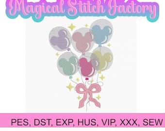Puede incluir: Un diseño de bordado con seis globos coloridos con forma de cabeza de ratón, atados con un lazo rosa. El diseño incluye estrellas amarillas y el texto "Magical Stitch Factory" en una fuente colorida.