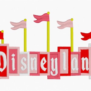 May include: A pink and red embroidered design of the Disneyland castle with flags and the text "Disneyland".