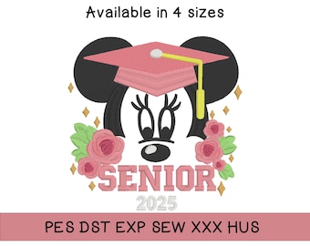 Minnie Mouse-examen med rosor, broderidesign för senior 2025, 4 storlekar, Disney-skjortdesign