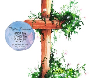 May include: A watercolor painting of a wooden cross covered in green vines and white flowers. The cross is standing on a patch of green grass. The text "Digital Download 1 PDF file 1 PNG file US letter size 8.5" x 11" for personal use only not for resale" is written in a blue circle.