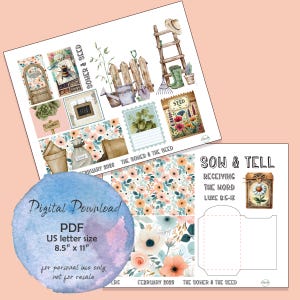 Puede incluir: Una descarga digital en PDF con temática de jardinería. El diseño incluye ilustraciones de acuarela de herramientas de jardinería, flores y una abeja. El texto incluye "Sow & Tell" y "Febrero 2026". El tamaño del papel es de 21,6 cm x 27,9 cm.