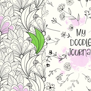 May include: A black and white doodle journal cover with a pink watercolor background. The cover features a floral design with the text "My Doodle Journal".