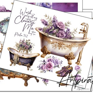 May include: A digital collage featuring a white bathtub with gold accents and purple flowers, a smaller blue bathtub with gold accents, and a quote from Psalm 51:2, "Wash away all my iniquity and cleanse me from my sin."