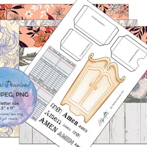 May include: Printable digital download of a paper craft project featuring a whimsical armoire with the word "Amen" repeated in various sizes and styles. The download includes pocket templates and a floral patterned background.