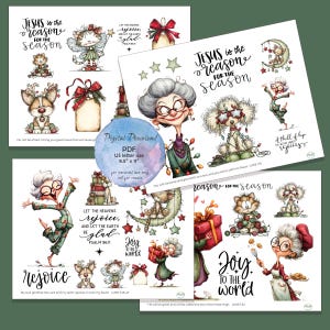 May include: Digital download featuring whimsical illustrations with the text "Jesus is the reason for the season" and other holiday-themed phrases. Includes images of a cat, dog, and woman. The paper size is 8.5 x 11 inches.