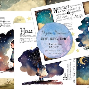May include: Three digital printable art prints with watercolor backgrounds and a girl standing in front of a starry night sky. The prints feature the words "Blessed", "Heal", and "Worship: the feeling of expression of reverence and adoration of God, usually through Praise."