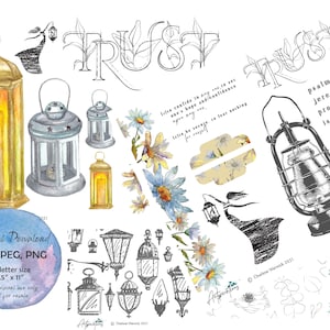 Puede incluir: Descarga digital de un conjunto imprimible de 11 imágenes con linternas, flores y la palabra "TRUST" en una fuente manuscrita. Las imágenes están en blanco y negro y acuarela. El texto "Salmo 92:15, Jeremías 17:7, Proverbios 3:5, Isaías 26:4" también está incluido.