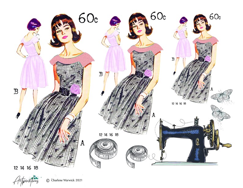 K&ouml;nnte beinhalten: Ein Vintage-Schnittmuster f&uuml;r ein schwarz-wei&szlig;es Gingham-Kleid mit rosa Besatz und einem Rosen-Detail. Das Schnittmuster enth&auml;lt Anweisungen f&uuml;r die Gr&ouml;&szlig;en 12 bis 18 und kostet 60 Cent. Das Bild zeigt auch eine Vintage-N&auml;hmaschine und ein Ma&szlig;band.