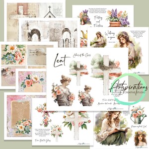 Könnte beinhalten: Ein digitales Collage-Kit mit einem Fastenzeit-Thema. Das Kit enthält Bilder von Kreuzen, Blumen und Frauen, die Bücher lesen. Der Text "Fastenzeit" und "Echoes of the Cross" ist im Collage enthalten.