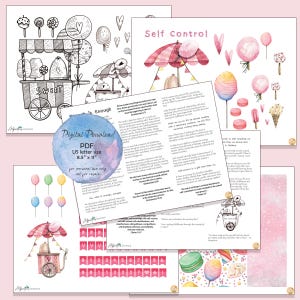 May include: A collection of printable digital downloads featuring watercolor illustrations of a candy cart, cotton candy, lollipops, and ice cream. The designs include the text "SWEET", "Self Control", and "Self is Enough". The paper size is 8.5" x 11".