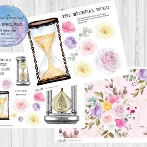 May include: A digital printable design featuring an hourglass with the text "The Eternal Word" and the Bible verse "The grass withers, the flower fades, but the word of our God stands forever. Isaiah 40:8". The design also includes watercolor flowers in shades of pink, purple, and yellow.