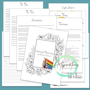 May include: A collection of white paper pages with text and illustrations, including the title "Colouring Masterclass by Charlene Warwick." The pages are surrounded by a floral border and a logo that says "Artspirations Creative Studio."
