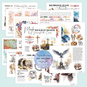 Puede incluir: Un conjunto de descargas digitales imprimibles con ilustraciones de acuarela con temas cristianos. Las imágenes incluyen cruces, palomas, flores y versículos bíblicos. El texto "Mark The Way of the Lord A Journey to the Cross" aparece en una de las imágenes. Las imágenes son solo para uso personal.