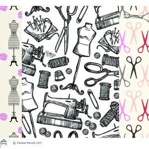 K&ouml;nnte beinhalten: Drei verschiedene nahtlose Muster mit N&auml;h- und Schneiderzubeh&ouml;r. Das erste Muster zeigt eine Schwarzwei&szlig;illustration einer Schneiderpuppe mit einer rosa Rose auf cremefarbenem Hintergrund. Das zweite Muster zeigt eine Schwarzwei&szlig;illustration von N&auml;hzubeh&ouml;r, darunter eine N&auml;hmaschine, Scheren, Garnrollen und Kn&ouml;pfe auf wei&szlig;em Hintergrund. Das dritte Muster zeigt eine farbige Illustration von Scheren auf cremefarbenem Hintergrund.