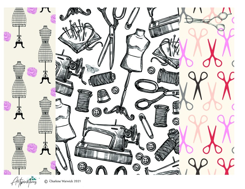K&ouml;nnte beinhalten: Drei verschiedene nahtlose Muster mit N&auml;h- und Schneiderzubeh&ouml;r. Das erste Muster zeigt eine Schwarzwei&szlig;illustration einer Schneiderpuppe mit einer rosa Rose auf cremefarbenem Hintergrund. Das zweite Muster zeigt eine Schwarzwei&szlig;illustration von N&auml;hzubeh&ouml;r, darunter eine N&auml;hmaschine, Scheren, Garnrollen und Kn&ouml;pfe auf wei&szlig;em Hintergrund. Das dritte Muster zeigt eine farbige Illustration von Scheren auf cremefarbenem Hintergrund.