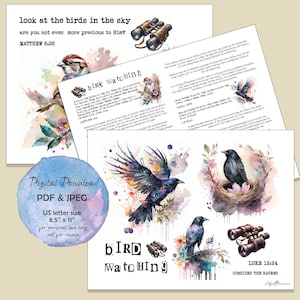 May include: Digital download of a watercolor painting featuring birds and binoculars. The painting has a light blue background with pink and purple flowers. The text "look at the birds in the sky are you not even more precious to Him? Matthew 6:26" is at the top of the image. The text "bird watch" is at the bottom of the image. The text "Luke 12:24 Consider the Ravens" is at the bottom right of the image.