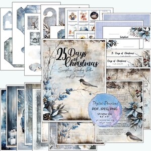 May include: A digital download of a 25 Days of Christmas Scripture Reading Plan and Journal. The printable journal features a watercolor design with a bluebird, berries, and a wintery background. The text "25 Days of Christmas" is in a decorative font. The download is available in PDF, JPEG, and PNG formats and is 8.5 inches by 11 inches.