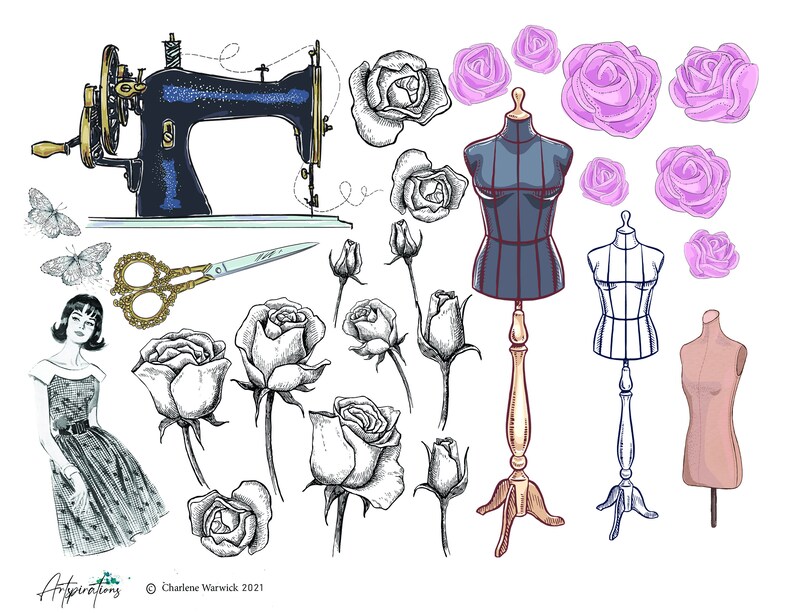 K&ouml;nnte beinhalten: Eine Vintage-N&auml;hmaschine mit blauem Korpus und goldenen Akzenten, eine goldene Schere und verschiedene Rosen in Schwarzwei&szlig; und Pink. Au&szlig;erdem gibt es drei Schneiderpuppen, eine mit blauem K&ouml;rper, eine mit wei&szlig;em K&ouml;rper und eine mit rosafarbenem K&ouml;rper.