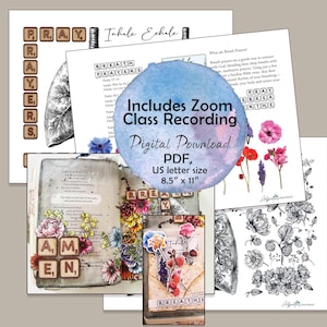 May include: Digital download of a printable PDF for a breath prayer journal. The PDF includes a variety of images, including a pair of lungs, a book with the words "Amen" and "Breathe" on it, and a floral design. The PDF is 8.5 inches by 11 inches.